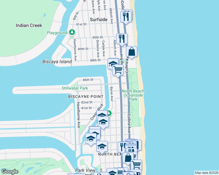 map of restaurants, bars, coffee shops, grocery stores, and more near 8400 Byron Avenue in Miami Beach