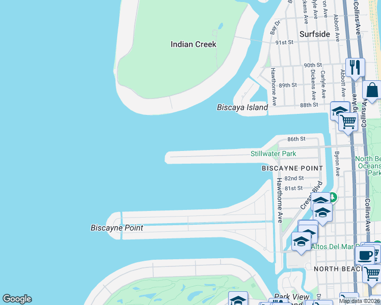 map of restaurants, bars, coffee shops, grocery stores, and more near 1450 Stillwater Drive in Miami Beach