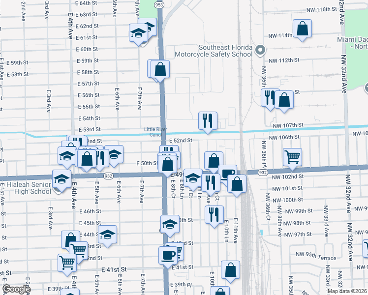 map of restaurants, bars, coffee shops, grocery stores, and more near 5095 East 8th Lane in Hialeah