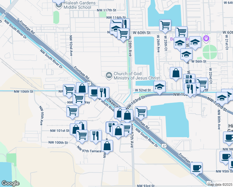 map of restaurants, bars, coffee shops, grocery stores, and more near in Hialeah Gardens