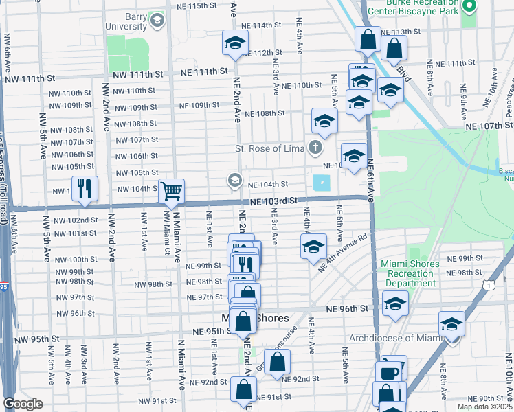 map of restaurants, bars, coffee shops, grocery stores, and more near in Miami Shores