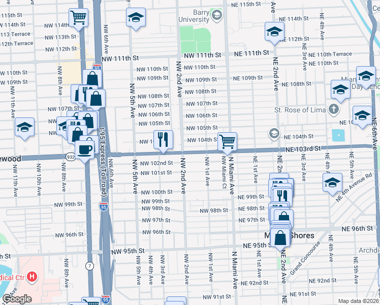 map of restaurants, bars, coffee shops, grocery stores, and more near 123 Northwest 102nd Street in Miami Shores