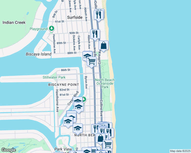 map of restaurants, bars, coffee shops, grocery stores, and more near 8425 Harding Avenue in Miami Beach