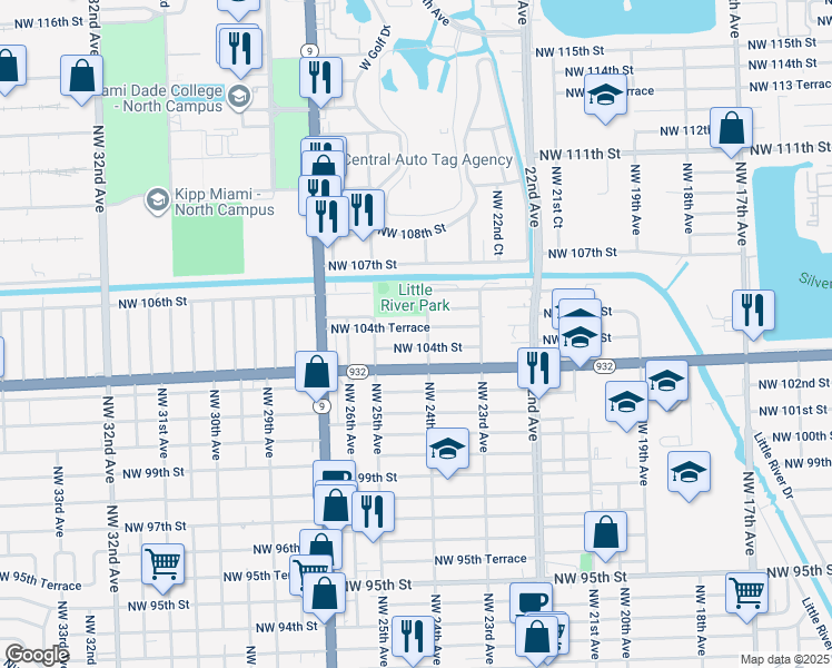 map of restaurants, bars, coffee shops, grocery stores, and more near 2442 Northwest 104th Street in Miami