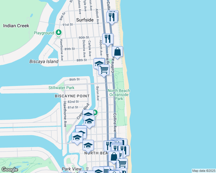map of restaurants, bars, coffee shops, grocery stores, and more near 8400 Florida A1A in Miami Beach