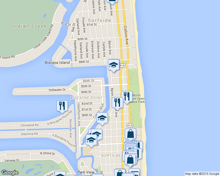 map of restaurants, bars, coffee shops, grocery stores, and more near 8400 Byron Avenue in Miami Beach