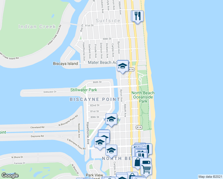 map of restaurants, bars, coffee shops, grocery stores, and more near 8340 Crespi Boulevard in Miami Beach