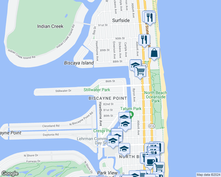 map of restaurants, bars, coffee shops, grocery stores, and more near 745 84th Street in Miami Beach