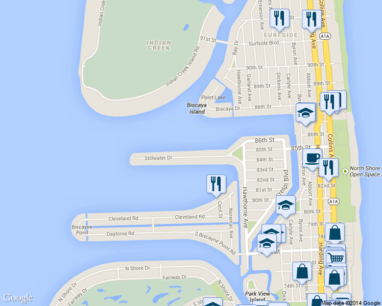 map of restaurants, bars, coffee shops, grocery stores, and more near 1230 Stillwater Drive in Miami Beach