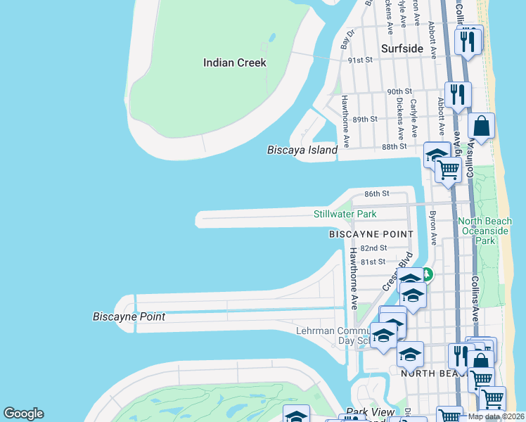 map of restaurants, bars, coffee shops, grocery stores, and more near 1340 Stillwater Drive in Miami Beach