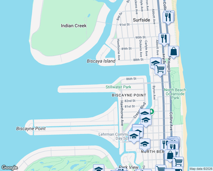 map of restaurants, bars, coffee shops, grocery stores, and more near 1110 Stillwater Drive in Miami Beach