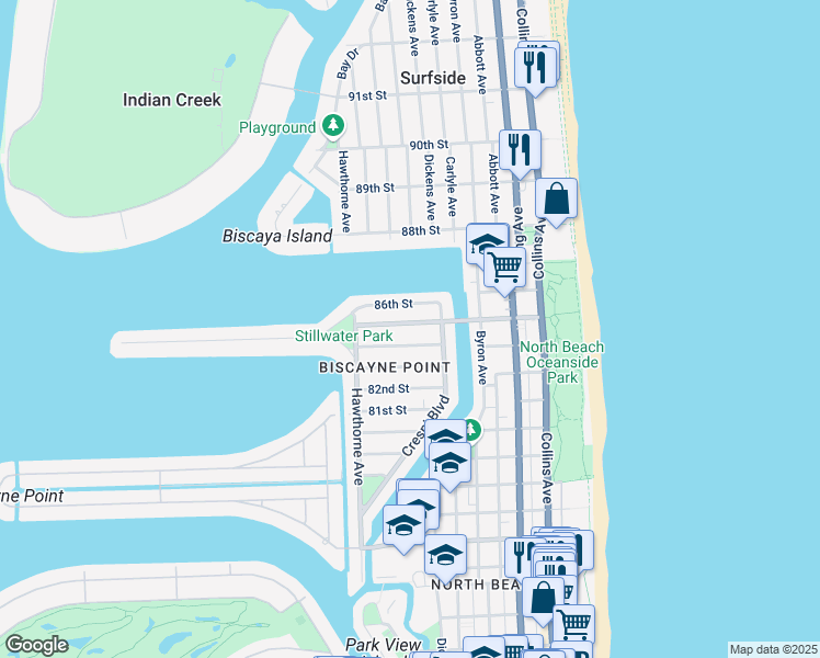 map of restaurants, bars, coffee shops, grocery stores, and more near 700 85th Street in Miami Beach