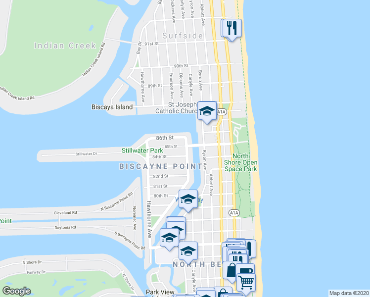 map of restaurants, bars, coffee shops, grocery stores, and more near in Miami Beach