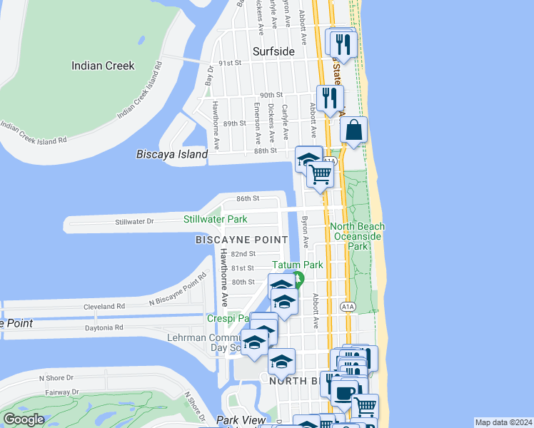 map of restaurants, bars, coffee shops, grocery stores, and more near in Miami Beach