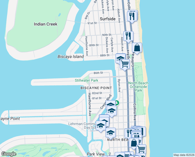map of restaurants, bars, coffee shops, grocery stores, and more near 745 84th Street in Miami Beach