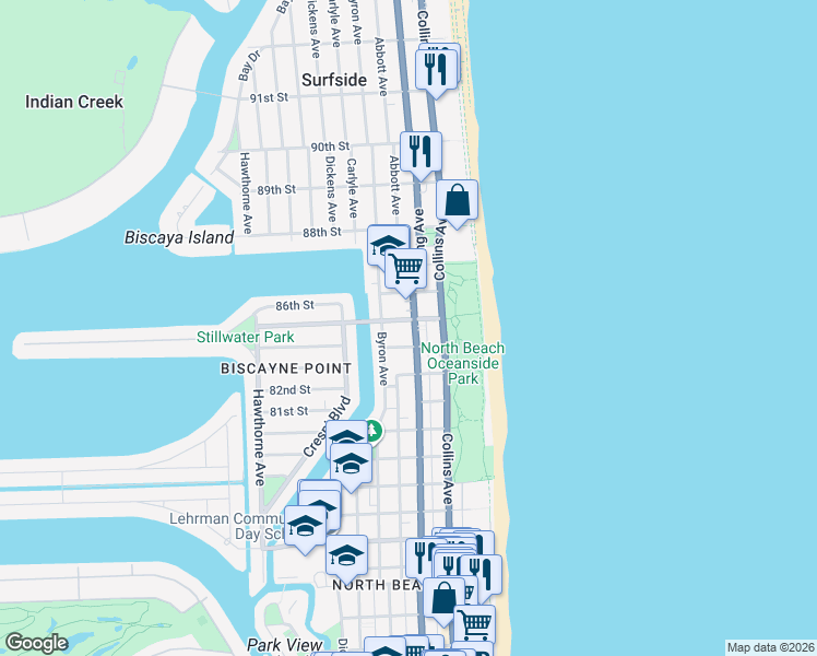 map of restaurants, bars, coffee shops, grocery stores, and more near 8400 Florida A1A in Miami Beach