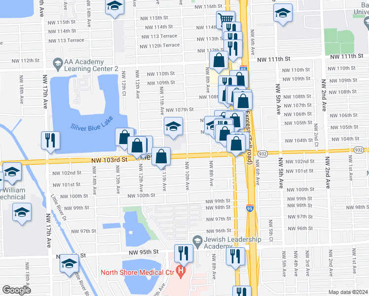 map of restaurants, bars, coffee shops, grocery stores, and more near 10370 Northwest 10th Avenue in Miami