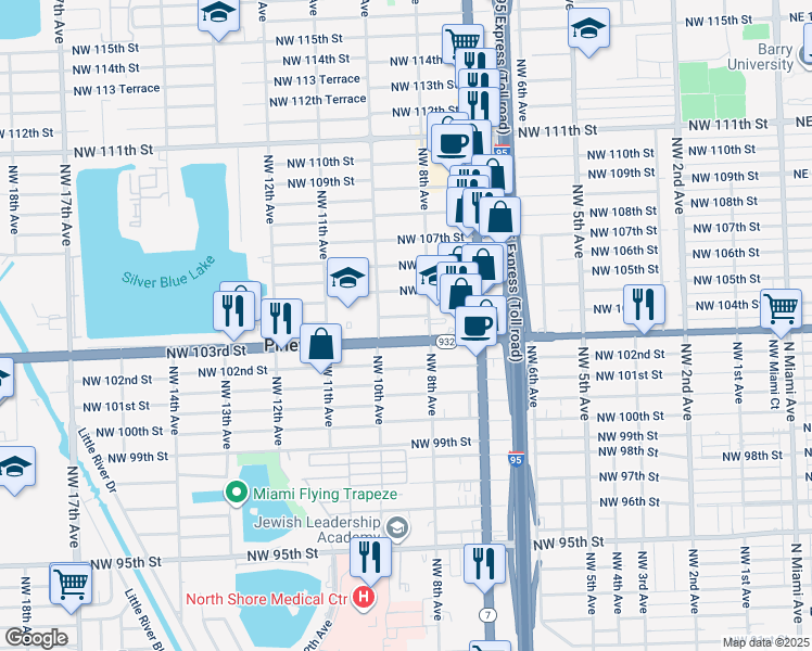 map of restaurants, bars, coffee shops, grocery stores, and more near 824 Northwest 103rd Street in Miami
