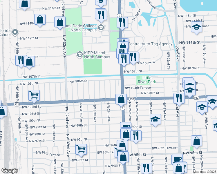 map of restaurants, bars, coffee shops, grocery stores, and more near 10540 Northwest 28th Avenue in Miami