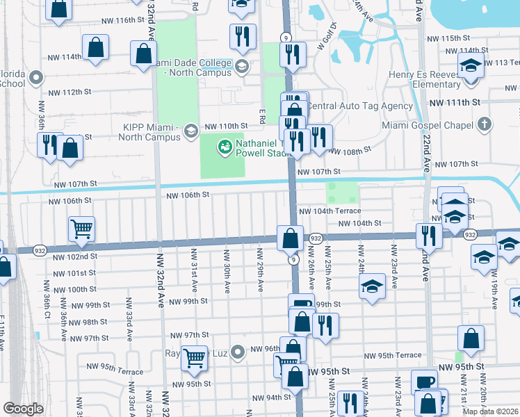 map of restaurants, bars, coffee shops, grocery stores, and more near 10540 Northwest 28th Avenue in Miami