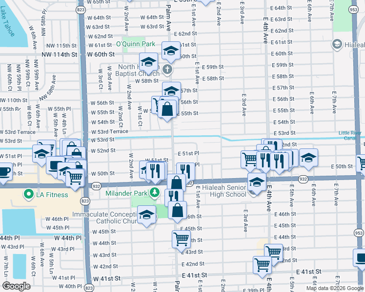 map of restaurants, bars, coffee shops, grocery stores, and more near 1 East 52nd Place in Hialeah