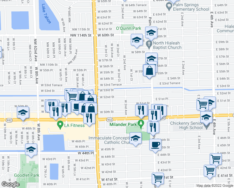 map of restaurants, bars, coffee shops, grocery stores, and more near 250 West 53rd Terrace in Hialeah