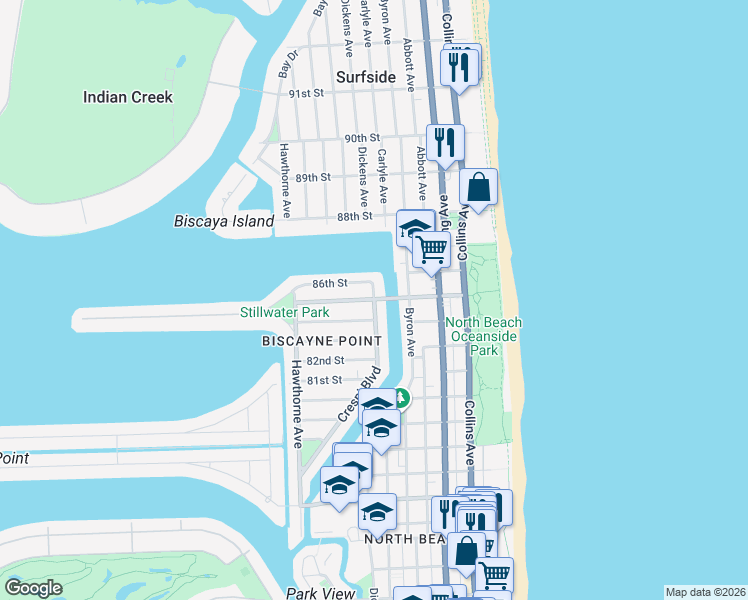 map of restaurants, bars, coffee shops, grocery stores, and more near 85th St & Crespi Blvd in Miami Beach