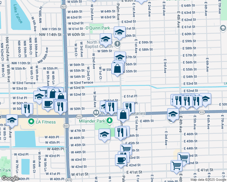 map of restaurants, bars, coffee shops, grocery stores, and more near 90 West 53rd Street in Hialeah