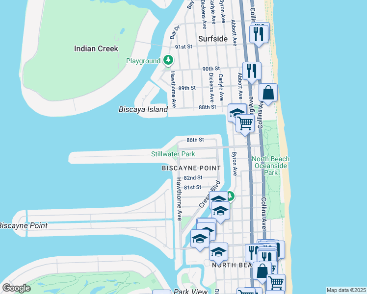 map of restaurants, bars, coffee shops, grocery stores, and more near 853 86th Street in Miami Beach