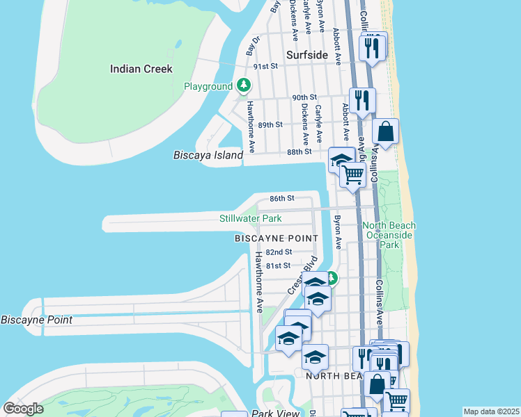 map of restaurants, bars, coffee shops, grocery stores, and more near 853 86th Street in Miami Beach