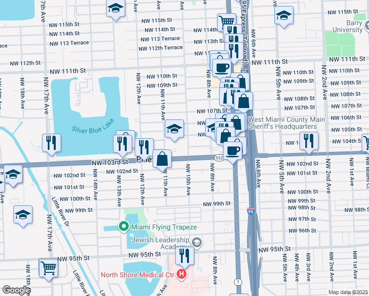 map of restaurants, bars, coffee shops, grocery stores, and more near 10425 Northwest 10th Avenue in Miami