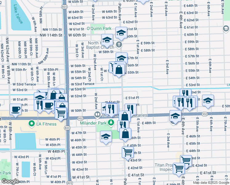 map of restaurants, bars, coffee shops, grocery stores, and more near 90 West 53rd Street in Hialeah