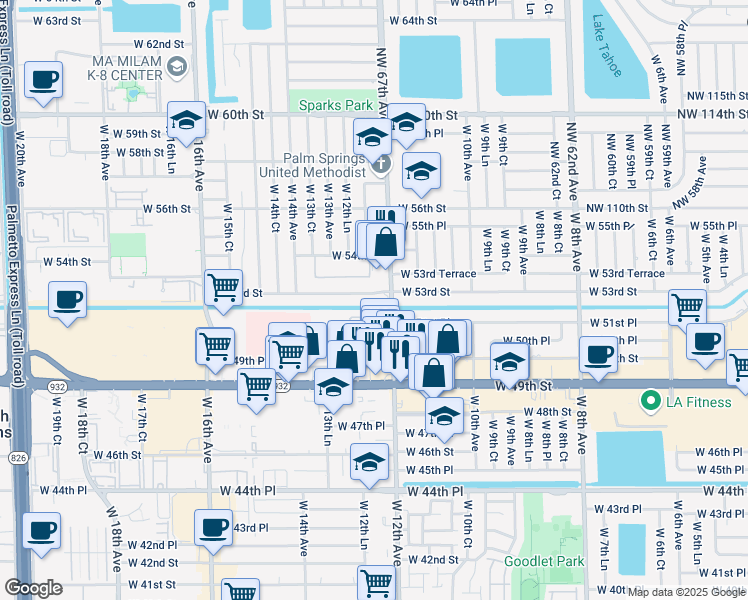 map of restaurants, bars, coffee shops, grocery stores, and more near 1191 West 53rd Street in Hialeah