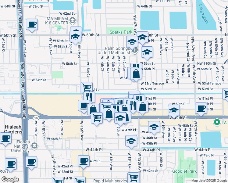 map of restaurants, bars, coffee shops, grocery stores, and more near 1350 West 53rd Street in Hialeah