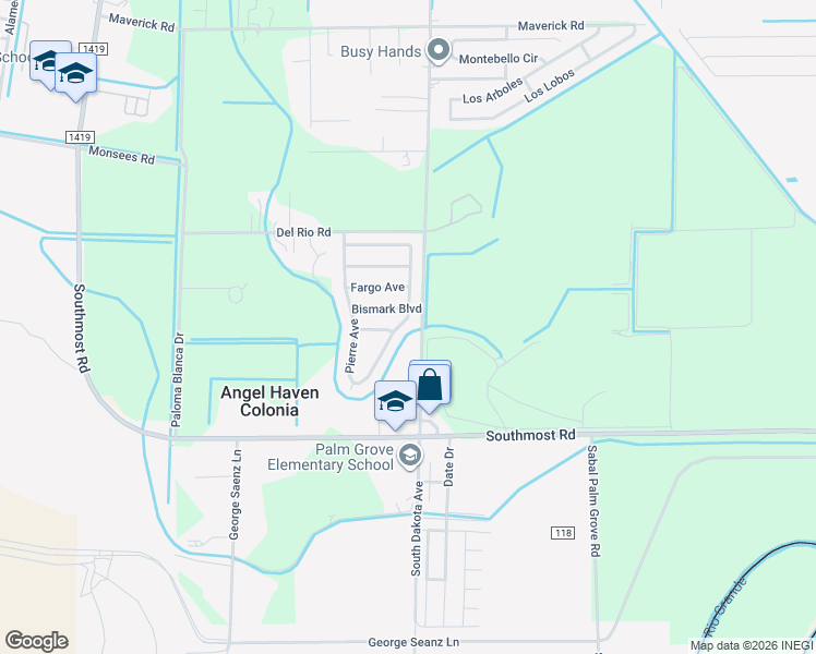 map of restaurants, bars, coffee shops, grocery stores, and more near 6292 Bismark Blvd in Brownsville