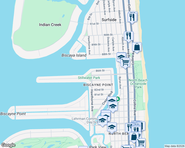 map of restaurants, bars, coffee shops, grocery stores, and more near 8501 Hawthorne Avenue in Miami Beach