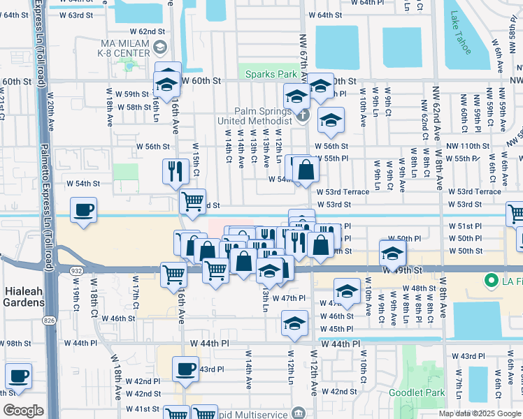 map of restaurants, bars, coffee shops, grocery stores, and more near 1335 West 53rd Street in Hialeah