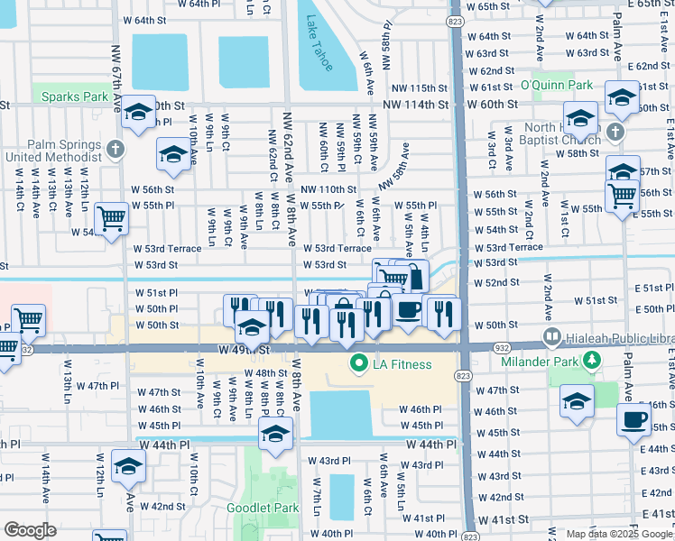 map of restaurants, bars, coffee shops, grocery stores, and more near 671 West 53rd Street in Hialeah