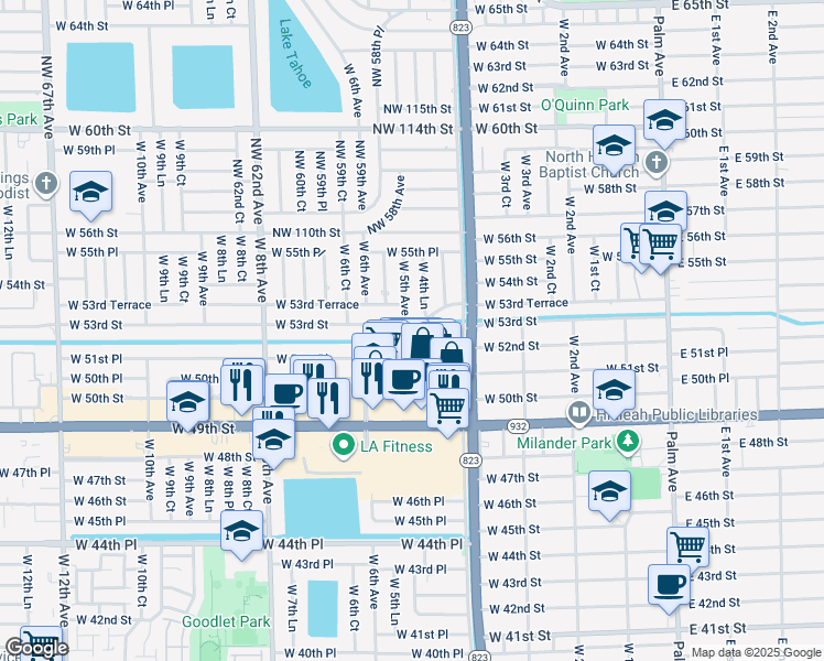 map of restaurants, bars, coffee shops, grocery stores, and more near 521 West 53rd Street in Hialeah