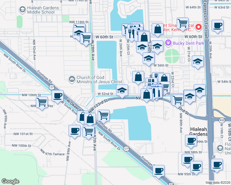map of restaurants, bars, coffee shops, grocery stores, and more near 5248 West 26th Court in Hialeah