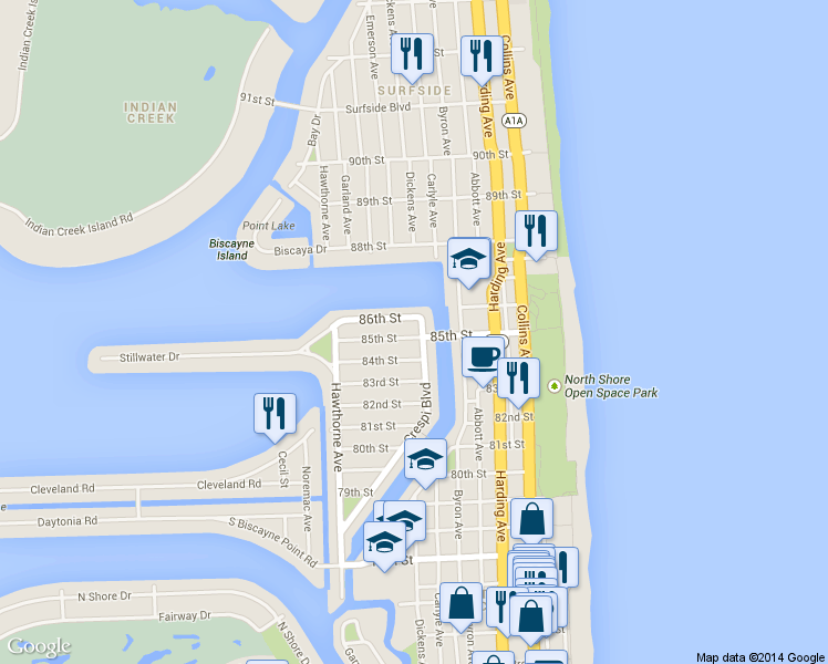 map of restaurants, bars, coffee shops, grocery stores, and more near 620 86th Street in Miami Beach