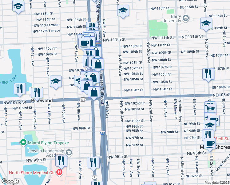 map of restaurants, bars, coffee shops, grocery stores, and more near 521 Northwest 104th Street in Miami