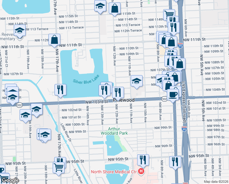 map of restaurants, bars, coffee shops, grocery stores, and more near 1205 Northwest 103rd Lane in Miami
