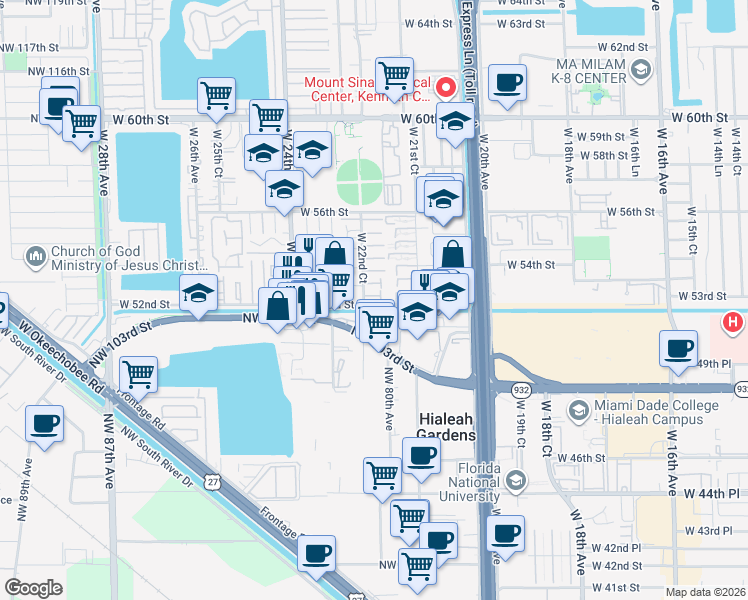 map of restaurants, bars, coffee shops, grocery stores, and more near 5299 West 22nd Court in Hialeah