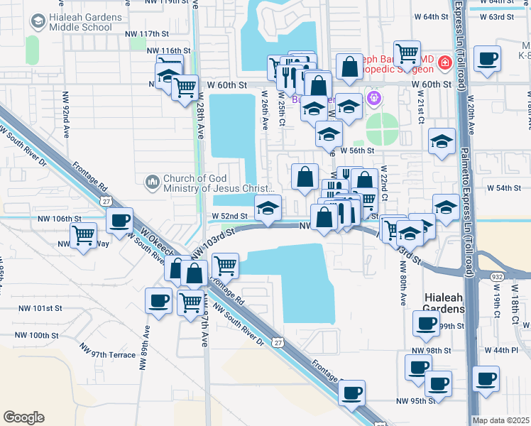 map of restaurants, bars, coffee shops, grocery stores, and more near 5248 West 26th Court in Hialeah