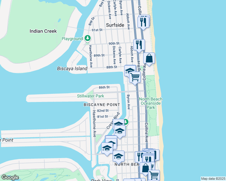 map of restaurants, bars, coffee shops, grocery stores, and more near 627 85th Street in Miami Beach
