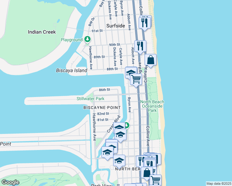 map of restaurants, bars, coffee shops, grocery stores, and more near 620 86th Street in Miami Beach