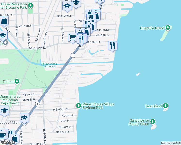 map of restaurants, bars, coffee shops, grocery stores, and more near 1371 Northeast 103rd Street in Miami Shores