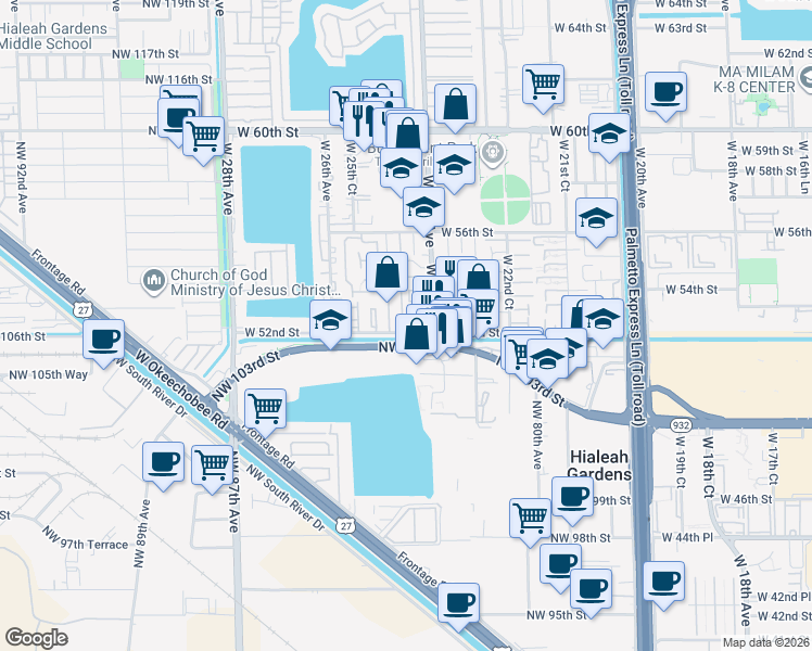 map of restaurants, bars, coffee shops, grocery stores, and more near 5211 West 24th Way in Hialeah
