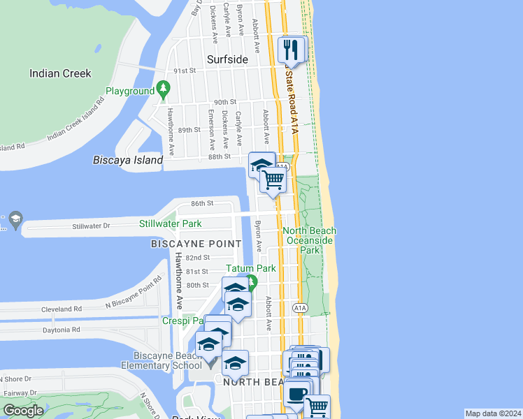 map of restaurants, bars, coffee shops, grocery stores, and more near 8530 Byron Avenue in Miami Beach